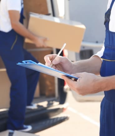 Hände halten ein Klemmbrett, während Mitarbeiter im Hintergrund Kisten in einen Wagen lädft